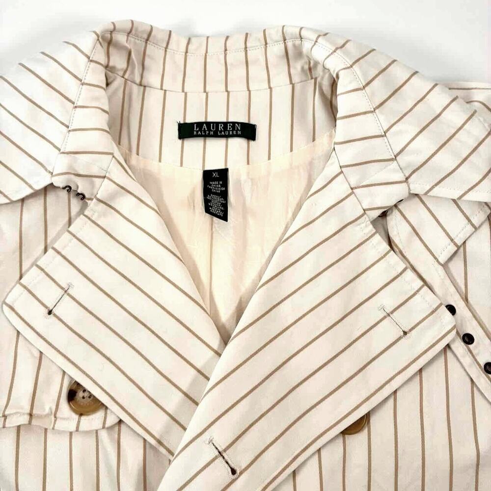 Vtg 90s Women's Ralph Lauren Cream & Tan Pinstripe Cotton Trench Coat - Size XL - Picture 3 of 10